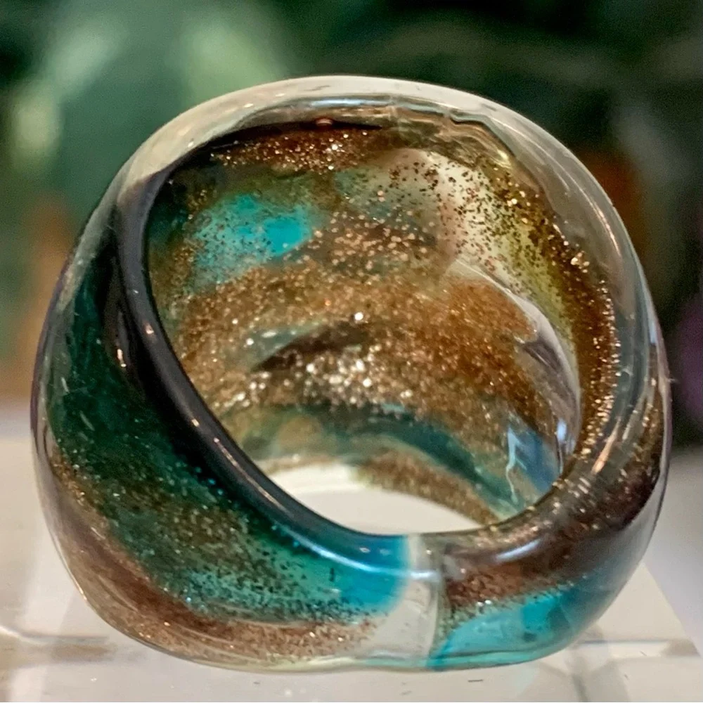 Vintage Murano Style Solid Glass Hand Blown Blue Gold Foil Artisan Ring Size 6